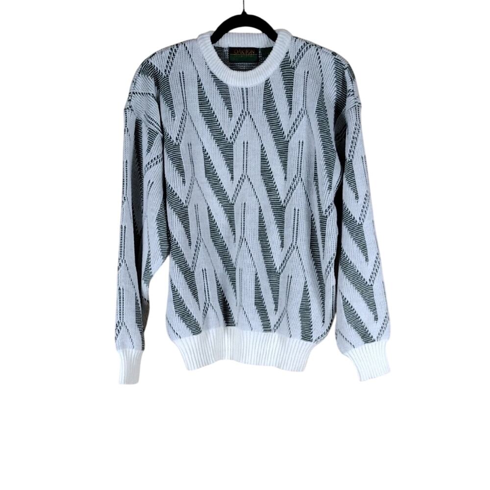 Vintage 90s Oakton Limited Sweater Men’s Large White Green Patterned Acrylic